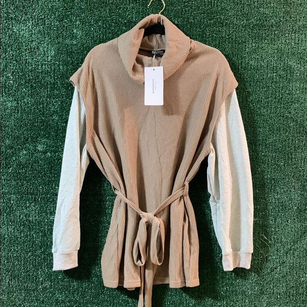 BloomChic Taupe Ribbed Knit Sweater with Turtleneck